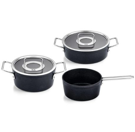 Ⓜ️🔵🔵🔵 Fissler Adamant - Batteria di pentole, Set di 3 pezzi, Nero (esterna/interna), Adatta al forno, Manici in acciaio inox, Coperchio in vetro, Fondo Fissler CookStar