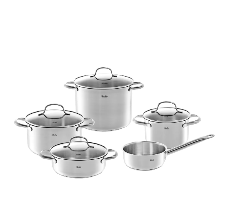 Ⓜ️🔵🔵🔵 Fissler San Francisco 5 pezzi - Batteria di pentola, Set 5 pezzi, Serie San Francisco, Adatta al forno, Coperchio in vetro, Manici in acciaio inox, Fondo Superthermic
