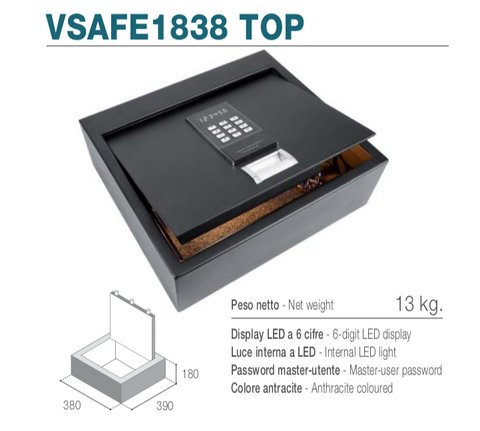 Ⓜ️🔵🔵🔵 Vitrifrigo VSAFE1838 TOP - Cassaforte elettronica con apertura top loading, display LED, luce interna LED
