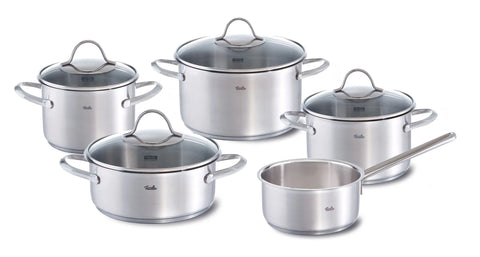 Ⓜ️🔵🔵🔵 Fissler PALERMO - Batteria di pentole, Set di 5 pezzi con 4 coperchi, ACCIAIO INOX 18/10 e VETRO (no plastica), per tutti i tipi di piani cottura compresa l'induzione, ANCHE DA FORNO