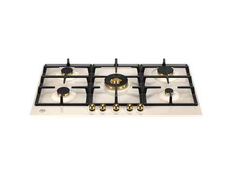 Ⓜ️🔵🔵🔵 BERTAZZONI P905CHERAG - Piano Cottura a Gas, 90 cm, Avorio/ Oro, Serie Heritage, 5 Fuochi, Dual Wok Centrale