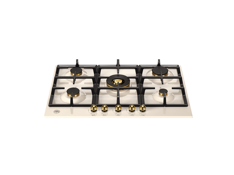 Ⓜ️🔵🔵🔵 BERTAZZONI P755CHERAG - Piano Cottura a Gas, 75 cm, Avorio/ Oro, Serie Heritage, 5 Fuochi, Wok Centrale