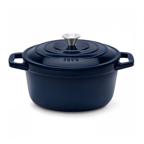 Ⓜ️🔵🔵🔵 La Fonderie 1890 ALMA22 - Pentola a Cocotte tonda in ghisa, smaltata blu, SENZA PFAS, PFAS FREE, pentola con 2 manici e coperchio, diametro 22 cm, Capienza 3,3 litri