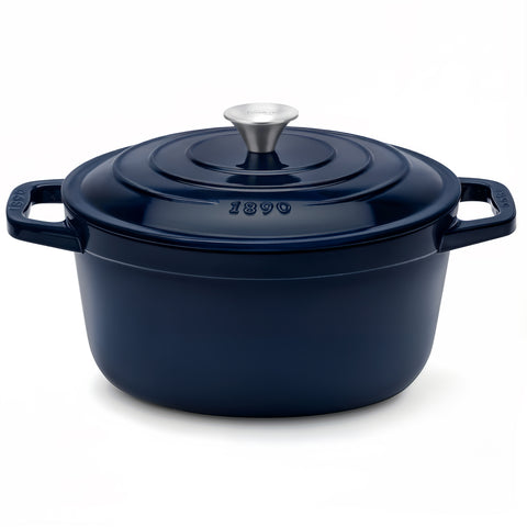 Ⓜ️🔵🔵🔵 La Fonderie 1890 ALMA25 - Pentola a Cocotte tonda in ghisa, smaltata blu, SENZA PFAS, PFAS FREE, pentola con 2 manici e coperchio, diametro 25 cm, Capienza 4,7 litri