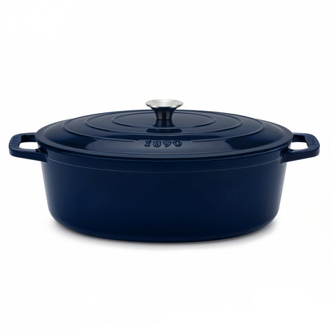 Ⓜ️🔵🔵🔵 La Fonderie 1890 ALMA36 - Pentola a Cocotte ovale in ghisa, smaltata blu, SENZA PFAS, PFAS FREE, pentola con 2 manici e coperchio, ellisse 36 x 28 cm, Capienza 7,7 litri