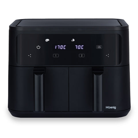 Ⓜ️🔵🔵🔵 H.Koenig FRY900 - Friggitrice ad aria doppio cestello SENZA BPA, finitura NERO OPACO, 4,5+4,5 litri per 9 litri totali, LAVABILE IN LAVASTOVIGLIE, senza olio, comandi a sfioramento, 2400 W