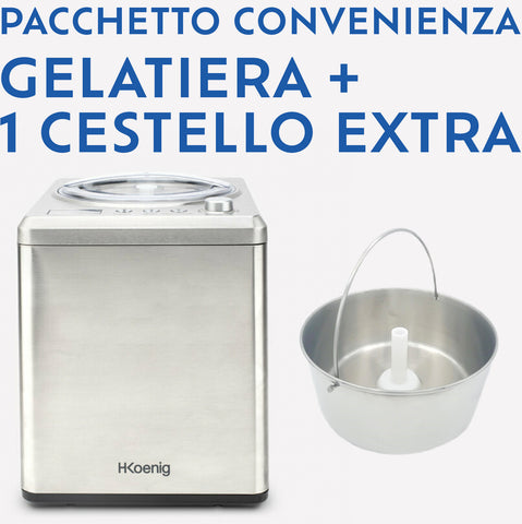 Ⓜ️🔵🔵🔵 H.Koenig HF340+BO334 - Pacchetto con gelatiera professionale con un CESTELLO EXTRA in ACCIAIO INOX con manico