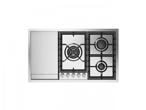 Ⓜ️🔵🔵🔵 ILVE HCPT95FD - Piano cottura filo-top, 5 Fuochi a gas, Bruciatore Dual, Piastra Fry Top, Griglie in ghisa, Spartifiamma in ottone, Acciaio inox, 90 cm, Linea Professional Plus, Incasso