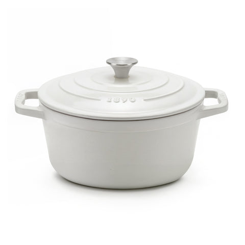 Ⓜ️🔵🔵🔵 La Fonderie 1890 IENA22 - Pentola a Cocotte tonda in ghisa, smaltata beige, SENZA PFAS, PFAS FREE, pentola con 2 manici e coperchio, diametro 22 cm, Capienza 3,3 litri