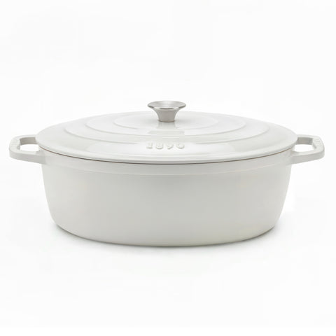 Ⓜ️🔵🔵🔵 La Fonderie 1890 IENA36 - Pentola a Cocotte ovale in ghisa, smaltata beige, SENZA PFAS, PFAS FREE, pentola con 2 manici e coperchio, ellisse 36 x 28 cm, Capienza 7,7 litri