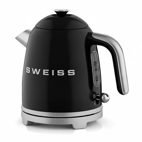 Ⓜ️🔵🔵🔵 SWEISS KTS9 - Bollitore elettrico vintage, 1 litro, corpo in ACCIAIO INOX, colore NERO RETRÒ con dettagli cromati