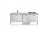 Ⓜ️🔵🔵🔵 Alpes LC220-C90+L60+C60/1 - LIBERI IN CUCINA, Lavaggio-Cottura, Acciaio Inox dx o sx, larg. 220cm, prof. 65cm, alt. 90/95cm, vasca larga 70cm, area cottura 5 fuochi gas, fuoco centrale + bruciatore a tripla corona, 2 cassetti 90cm, 3 cassetti 60cm
