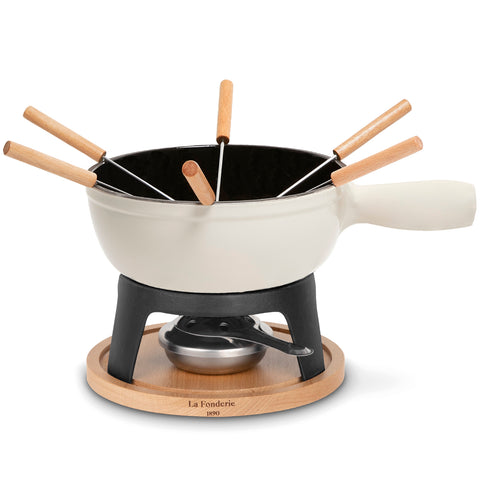 Ⓜ️🔵🔵🔵 La Fonderie 1890 MONT BLANC - Set fonduta, 6 persone, ghisa smaltata BEIGE e vero legno