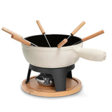 Ⓜ️🔵🔵🔵 La Fonderie 1890 MONT BLANC - Set fonduta, 6 persone, ghisa smaltata BEIGE e vero legno