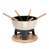 Ⓜ️🔵🔵🔵 La Fonderie 1890 MONT BLANC - Set fonduta, 6 persone, ghisa smaltata BEIGE e vero legno