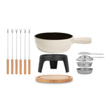 Ⓜ️🔵🔵🔵 La Fonderie 1890 MONT BLANC - Set fonduta, 6 persone, ghisa smaltata BEIGE e vero legno