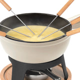 Ⓜ️🔵🔵🔵 La Fonderie 1890 MONT BLANC - Set fonduta, 6 persone, ghisa smaltata BEIGE e vero legno