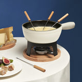 Ⓜ️🔵🔵🔵 La Fonderie 1890 MONT BLANC - Set fonduta, 6 persone, ghisa smaltata BEIGE e vero legno