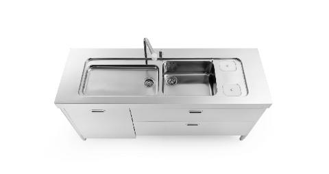 Ⓜ️🔵🔵🔵 Alpes L190-L60+C120/1 - LIBERI IN CUCINA, Elemento Lavaggio, Acciaio Inox DX/SX, Larg. 190cm, Prof. 65cm, Alt. 90/95cm, A5-5158/1V81V2C Lavello da Appoggio 158cm con Vasca 70cm, MCR 25+CRL Miscelatore Inox, Doccetta Estraibile, Due Cassetti 120cm