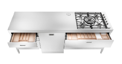 Ⓜ️🔵🔵🔵 Alpes C220-C60+L60+C90/1 - LIBERI IN CUCINA, Elemento Cottura, Acciaio Inox, larg. 220cm, prof. 65cm, alt. 90/95cm, 5 fuochi a gas, fuoco centrale bruciatore a tripla corona Dual, TPE torretta a scomparsa, 5 cassetti