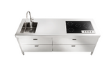 Ⓜ️🔵🔵🔵 Alpes LC220-C90+C120/1 - LIBERI IN CUCINA, Lavaggio-Cottura, Acciaio Inox dx o sx, larg. 220cm, prof. 65cm, alt. 90/95cm, vasca larga 40cm, miscelatore, doccetta estraibile, piano cottura 4 zone a induzione, 2 cassetti 90cm, 2 cassetti 120cm