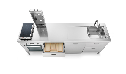 Ⓜ️🔵🔵🔵 Alpes LC250-F60+C60+L60+C60/1 - LIBERI IN CUCINA, Lavaggio-Cottura, Acciaio Inox dx o sx, larg. 250cm, prof. 65cm, alt. 90/95cm, vasca larg. 50cm, 2 piani cottura rib. 2 zone a induzione, 4 cassetti 60cm, forno elettr. 60cm