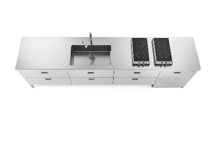 Ⓜ️🔵🔵🔵 Alpes LC340-C90+C90+C90+L60/2 - LIBERI IN CUCINA, Lavaggio-Cottura, Acciaio Inox dx/sx, larg. 340cm, prof. 65cm, alt. 90/95cm, 2 piani cottura 2 zone induzione, vasca  larg. 70cm, tagliere, 6 cassetti 90cm