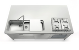Ⓜ️🔵🔵🔵 Alpes I-LC220-C90+L60+F60/1 - LIBERI IN CUCINA, Elemento Isole Lavaggio-Cottura, acciaio inox, larg. 220cm, prof. 125cm, alt. 90/95cm, lavello 133cm + vasca 50cm + bacinella 70cm, 2 piani cott. 2 fuochi grandi 2 fuochi ridotti, forno elettr. 60cm