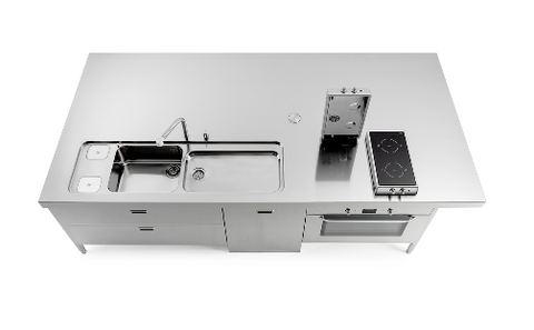 Ⓜ️🔵🔵🔵 Alpes I-LC310-C120+L60+F90+snack/1 - LIBERI IN CUCINA, Elemento Isole Lavaggio-Cottura, acciaio inox, larg. 310cm, prof. 125cm, alt. 90/95cm, vasca 70cm, vasca 50cm, 2 piani cott. rib. induzione, torretta a scomp. 3 prese elettr., forno elettr. 90cm