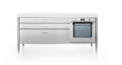 Ⓜ️🔵🔵🔵 Alpes 190C-C120+F60/1 - LIBERI IN CUCINA, Elemento Contenimento, mobile cucina, acciaio  inox top in Corian®, larg. 190cm, prof. 65cm, alt. 90/95cm, 3 cassetti 120cm, forno elettr. incasso 60cm