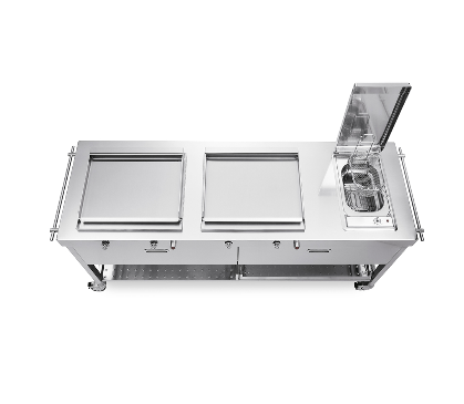 Ⓜ️🔵🔵🔵 Alpes OUT190-C90+C90/1 - LIBERI IN CUCINA, Elemento Outdoor, cottura outdoor, acciaio inox, su ruote, larg. 190cm, prof. 65cm, alt. 90cm, 2 piastre cottura, friggitrice elettriche, 2 cassetti 90cm, ripiano fisso 90cm, ripiano estr. 90cm, bombola gas