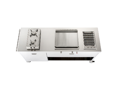 Ⓜ️🔵🔵🔵 Alpes OUT190-FRIGO60+C120/1 - LIBERI IN CUCINA, Elemento Outdoor, cottura outdoor, acciaio inox, su ruote, larg. 190cm, prof. 65cm, alt. 90cm, grill elettrico, piastra cottura, piano cottura, cassetto 120cm, ripiano fisso, bombola gas
