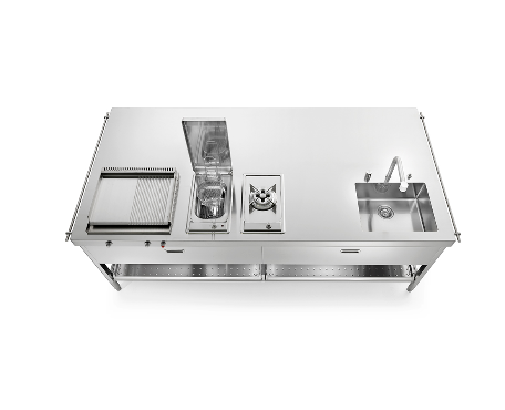 Ⓜ️🔵🔵🔵 Alpes OUT250/ISOLA-1 - LIBERI IN CUCINA, Elemento Outdoor, isola lavaggio/cottura outdoor, acciaio inox,  larg. 250cm, prof. 125cm, alt. 90/95cm, piastra, piano cott. con bruciatore, friggitrice elettr., vasca 50cm, cassetti + ripiani estr. 120cm