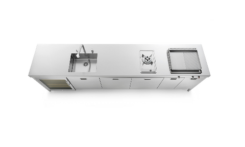 Ⓜ️🔵🔵🔵 Alpes OUT330/1 - LIBERI IN CUCINA, Elemento Outdoor, lavaggio/cottura outdoor, acciaio inox,  larg. 330cm, prof. 65cm, alt. 90/95cm, piastra, piano cott. 30cm con bruciatore, anta 60cm, 2 frigoriferi 60cm caduno, 2 bombole gas