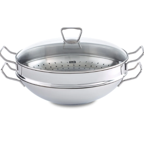 Ⓜ️🔵🔵🔵 Fissler Wok - Wok, Serie Nanjing, Acciaio inox, Capacità 6.4 Litri, Diametro 35 cm, Coperchio in vetro, Cestello per il vapore incluso