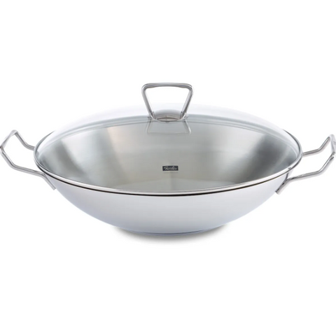 Ⓜ️🔵🔵🔵 Fissler Wok - Wok, Serie Kunming, Acciaio, Capacità 6.4 Litri, Diametro 35 cm, Coperchio in vetro, Manici in  acciaio inox
