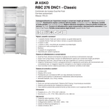 Ⓜ️🔵🔵🔵 ASKO RBC 276 DNC1 - Frigorifero combinato da incasso, frigo sopra e congelatore sotto, vano congelatore No Frost, cerniere autoportanti, bianco, 60 x 178 cm, installabile come side-by-side, Nuova classe C