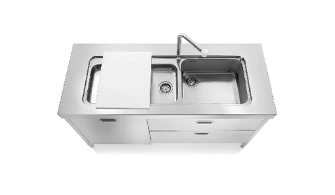 Ⓜ️🔵🔵🔵 Alpes L160-L60+C90/1 - LIBERI IN CUCINA, Elemento Lavaggio, Acciaio Inox DX o SX, Larg. 160cm, Prof. 65cm, Alt. 90/95cm, Lavello da Appoggio 133cm con Vasca 70cm,Miscelatore Inox, Doccetta Estraibile, Due Cassetti Sotto Vasca 90cm
