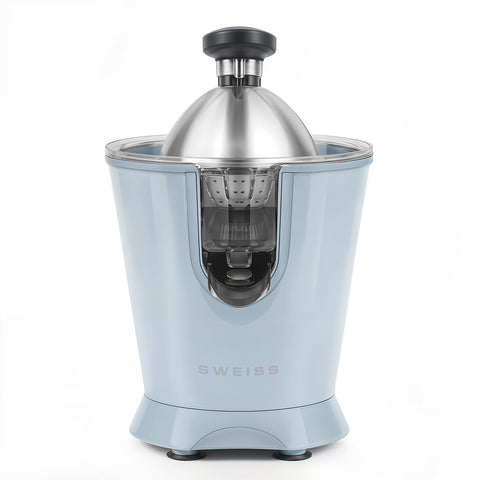 Ⓜ️🔵🔵🔵 SWEISS ZEST6 - Spremiagrumi elettrico di altissima qualità, SENZA BPA GARANTITO, corpo in acciaio inox, rivestimento AZZURRO RETRÒ, lavabile in LAVASTOVIGLIE, con BRACCIO IN ACCIAIO INOX ROBUSTISSIMO