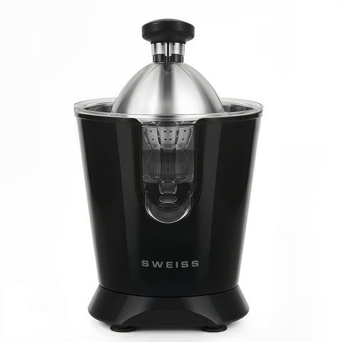 Ⓜ️🔵🔵🔵 SWEISS ZEST9 - Spremiagrumi elettrico di altissima qualità, SENZA BPA GARANTITO, corpo in acciaio inox, rivestimento NERO RETRÒ, lavabile in LAVASTOVIGLIE, con BRACCIO IN ACCIAIO INOX ROBUSTISSIMO