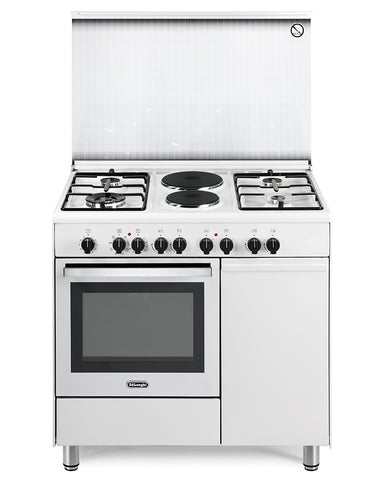 Ⓜ️🔵🔵🔵 De Longhi DEMW 96 B42 ED - Cucina bianca con 2 piastre elettriche centrali e 4 bruciatori a gas, di cui uno a doppia corona, forno elettrico, Classe A, MADE IN ITALINY