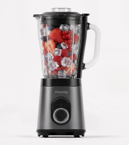 Ⓜ️🔵🔵🔵 H.Koenig MXK36 - Frullatore con funzione tritaghiaccio, lame e corpo in acciaio inox, chiusura di sicurezza, caraffa in vetro capienza 1,5 litri