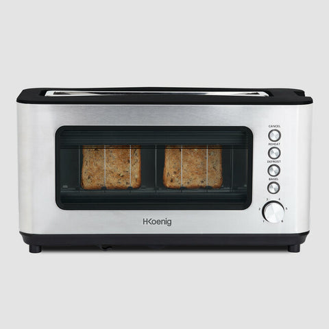Ⓜ️🔵🔵🔵 H.Koenig VIEW7 - Tostapane finestrato con vetro trasparente, fessura XL per fette di pane intere, corpo in acciaio inox, 6 livelli di doratura, potenza 1200 W