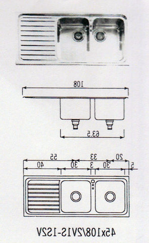 Ⓜ️🔵🔵🔵👌 Alpes 45x108/1S2V - Lavello da incasso semifilo a due vasche con gocciolatoio a sinistra, acciaio inox, 108x45 cm