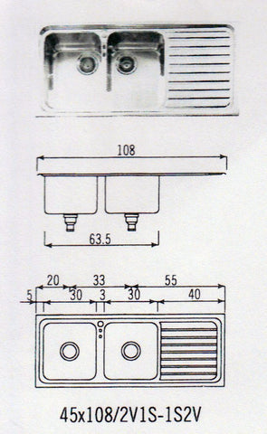 Ⓜ️🔵🔵🔵👌 Alpes 45x108/2V1S - Lavello da incasso semifilo a due vasche con gocciolatoio a destra, acciaio inox, 108x45 cm