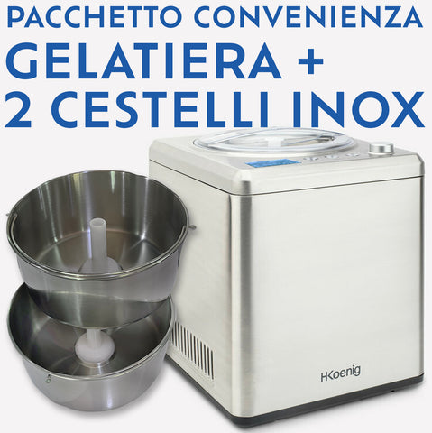 Ⓜ️🔵🔵🔵 H.Koenig HF340+2xBO334 - Pacchetto con gelatiera professionale con 2 CESTELLI EXTRA in ACCIAIO INOX con manico