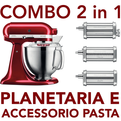 Ⓜ️🔵🔵🔵 KitchenAid Artisan COMBO 5KSM185PSECA e 5KSMPRA - COMBO Planetaria rosso mela metallizzato con set di 3 accessori per la pasta