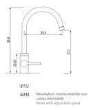 Ⓜ️🔵🔵🔵👌 Alpes ALP34 - Miscelatore monocomando con canna orientabile, acciaio inossidabile con finitura satinata