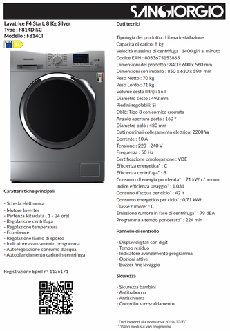 βοΈπ΅π΅π΅π SanGiorgio F814DISC Lavatrice SILVER kg, inverter